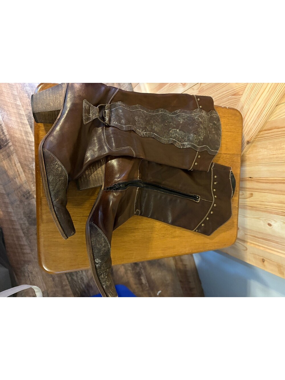 Brown Leather Mid-Calf Western Boots with Decorative Detailing